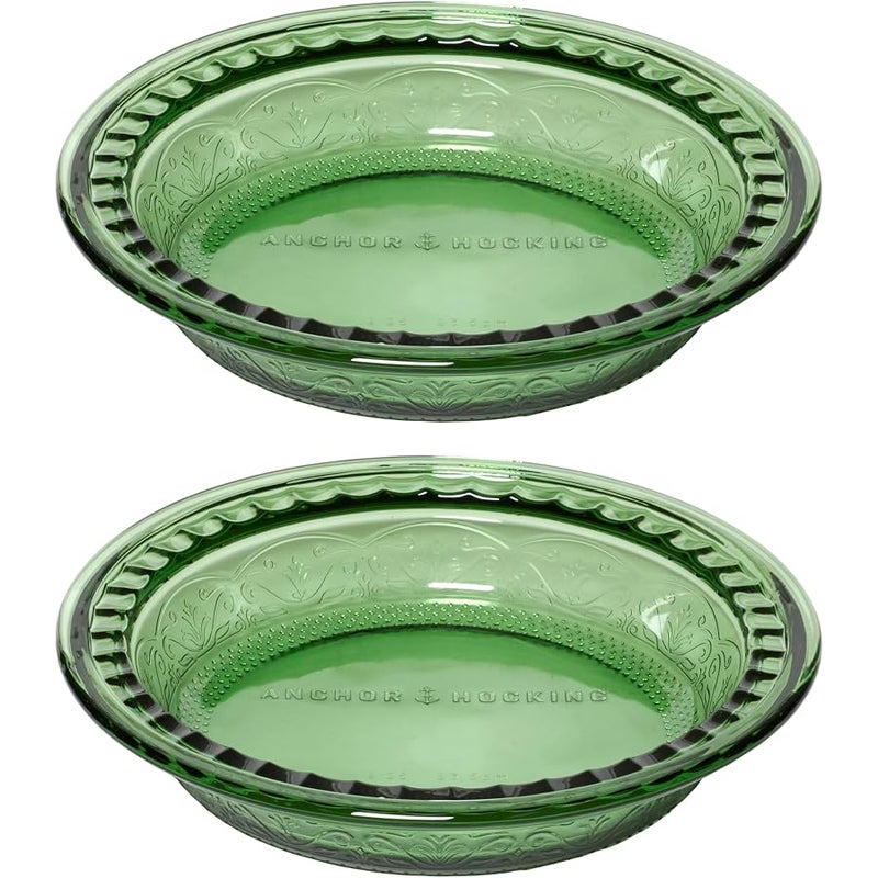 أنكور هوكينغ Anchor Hocking Fern Green Laurel Embossed Pie Dishes (2-Piece, 9.5-inch, oven/dishwasher safe) - Image 1