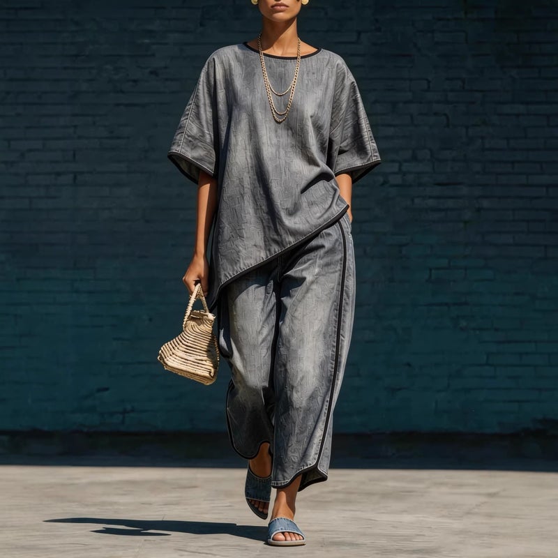 Fashion Denim Style Loose Wide Leg Pants Two Piece Set Casual Elegant Outfit - Image 3