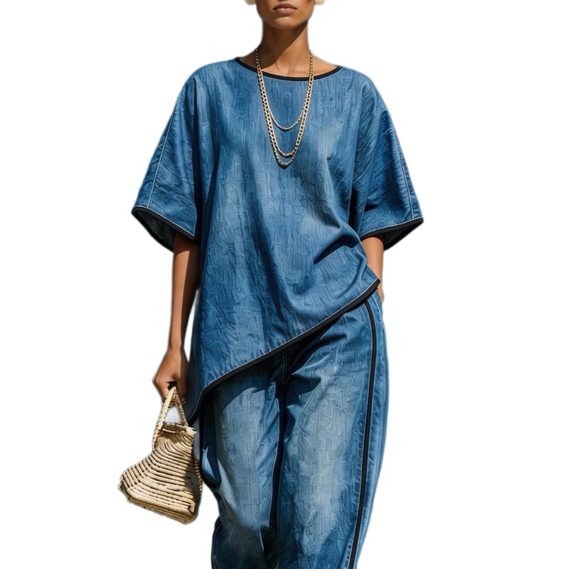 Fashion Denim Style Loose Wide Leg Pants Two Piece Set Casual Elegant Outfit - Image 4