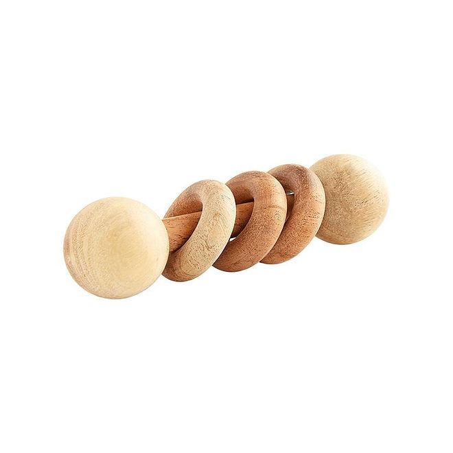Ariro Wooden Dumbbell With Rings Rattle - Natural, Soft Sound, 3M+, Improves Auditory & Focus, Hand-Eye Coordination Toy - Image 1