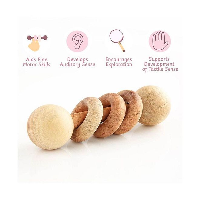Ariro Wooden Dumbbell With Rings Rattle - Natural, Soft Sound, 3M+, Improves Auditory & Focus, Hand-Eye Coordination Toy - Image 2