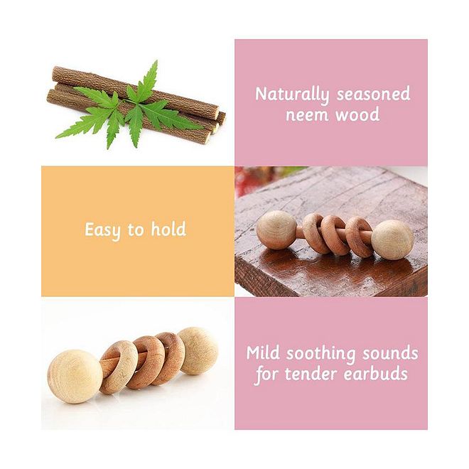 Ariro Wooden Dumbbell With Rings Rattle - Natural, Soft Sound, 3M+, Improves Auditory & Focus, Hand-Eye Coordination Toy - Image 4