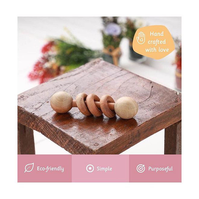 Ariro Wooden Dumbbell With Rings Rattle - Natural, Soft Sound, 3M+, Improves Auditory & Focus, Hand-Eye Coordination Toy - Image 3