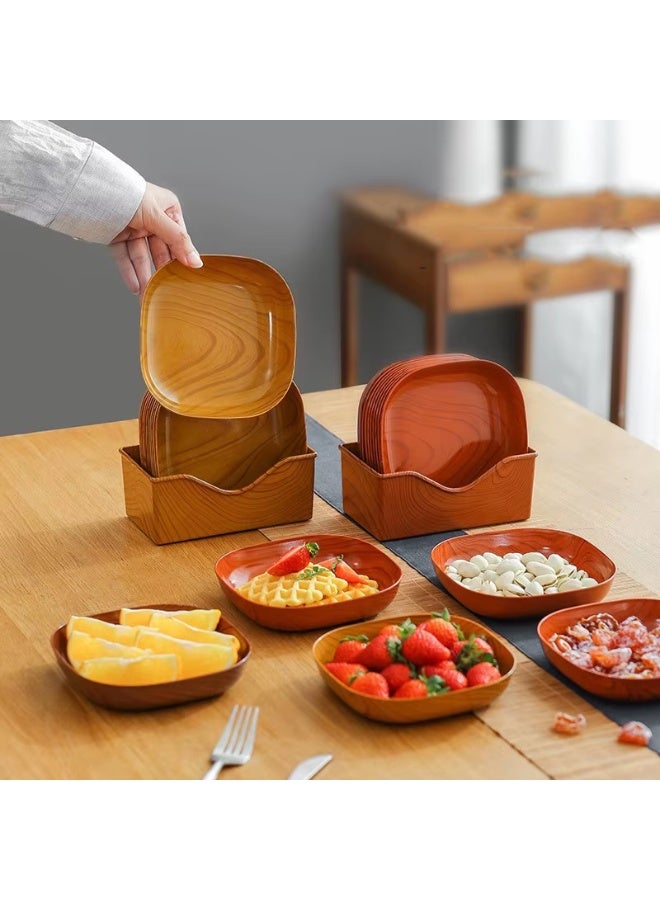 طقم أطباق تقديم بلاستيك صغيرة بتصميم مستوحى من الخشب مع حامل منظم، مناسب للتسالي والمكسرات والفواكه والسناكس والمقبلات - Image 1