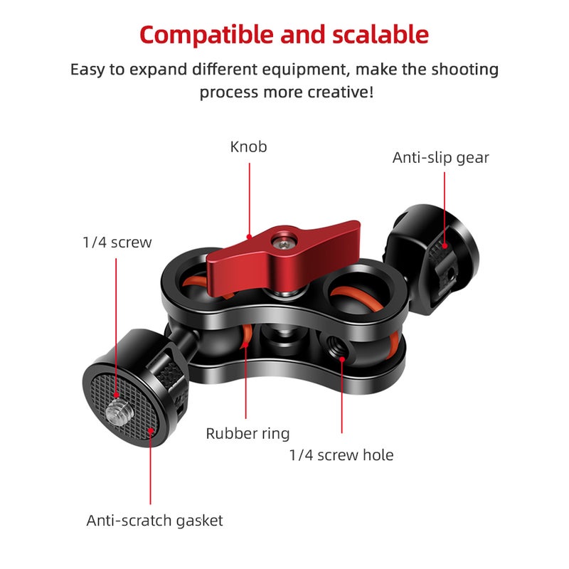 Flexible Magic Articulating Arm with Dual Ballhead Camera Monitor Mount Bracket Aluminum Alloy Dual 1/4 Inch Screws  360° Rotatable for Field Monitor LED Light Camera Cage - Image 5
