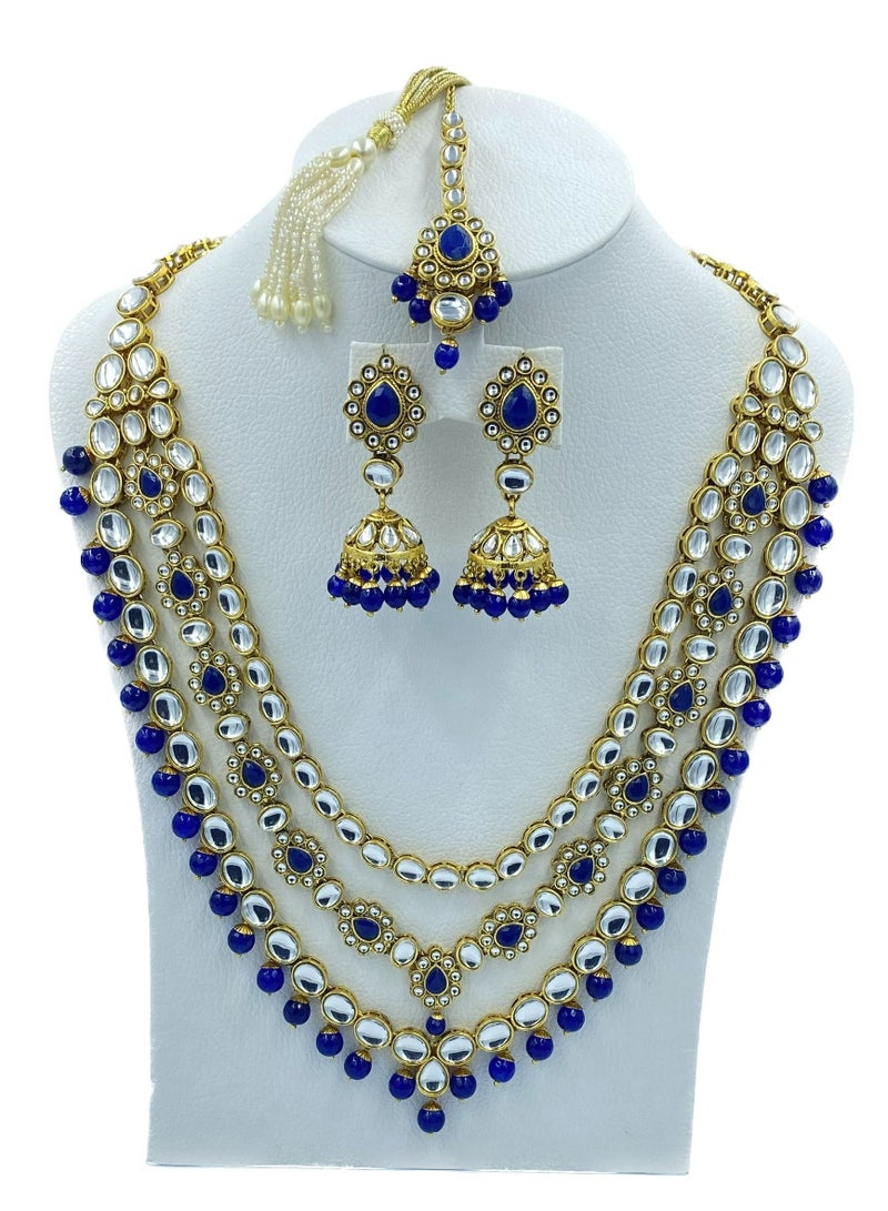 GOHONA Royal Bling Bollywood Traditional Indian Kundan Jewellery Necklace With Earrings Set and 1 Tikka in Royal blue colour - Image 1