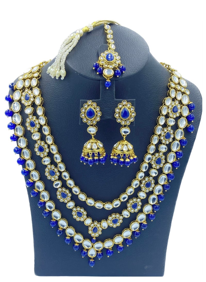 GOHONA Royal Bling Bollywood Traditional Indian Kundan Jewellery Necklace With Earrings Set and 1 Tikka in Royal blue colour - Image 2