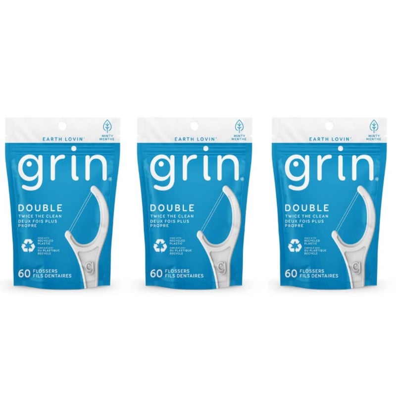 Grin Dental Floss 3 Packs of 60 Double Twice The Clean Deux Fois Plus Propre White Total 180 10 Foot 018 pounds