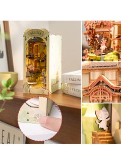 SYOSI Book Nook 3D Puzzle Miniature Dollhouse Kit, Falling Sakura Design with LED Lights, Wooden Model Building Set for Adults, Charming Bookshelf Decoration, Ideal Birthday Gift for Girls and Women  - Image 5