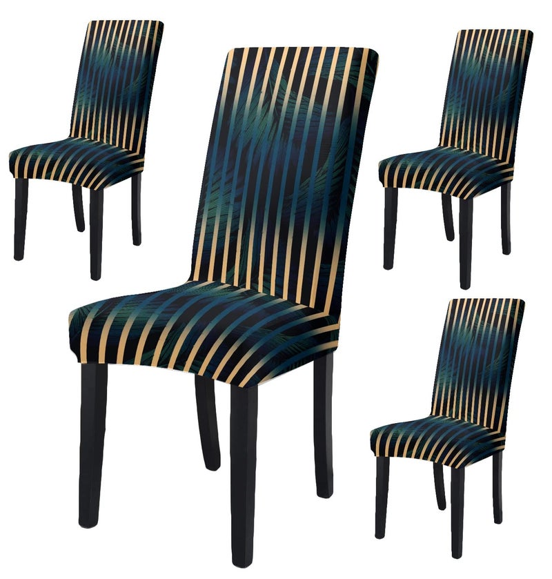 BRIDA® Stretchable Floral Printed Dining Chair Covers Elastic Chair Seat Case Protector, Slipcovers (4 Chair Cover, Black Lines), Polycotton Spandex - Image 1