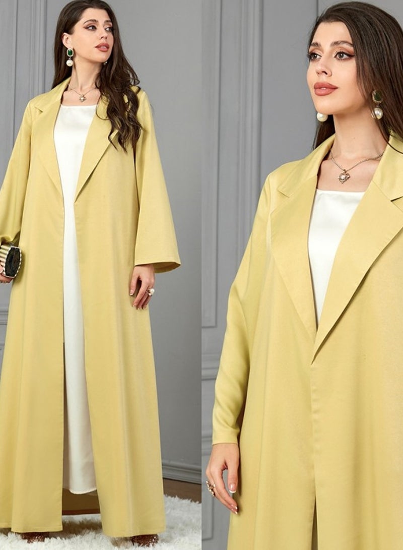 عباية صفراء مفتوحة من الأمام بتصميم ياقة وحجاب متناسق - Image 1