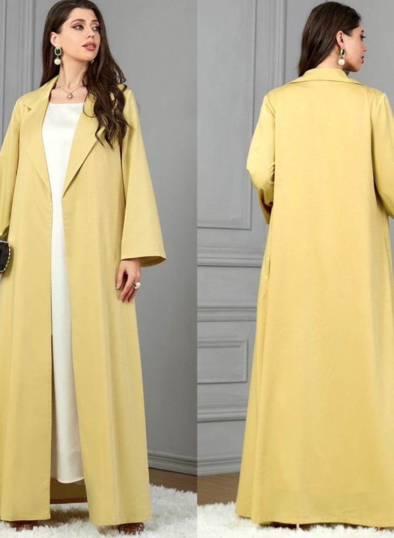 عباية صفراء مفتوحة من الأمام بتصميم ياقة وحجاب متناسق - Image 2