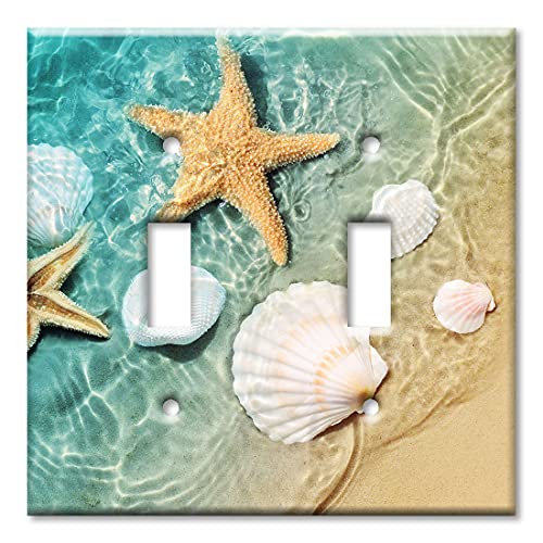 Art Plates - 2 Gang Toggle Metal Light Switch Plate Cover - Two Gang Toggle Decorative Wall Plate - Sea Shells and Star Fish in Ocean Beach Tide Pool - (Made in USA) - Image 1