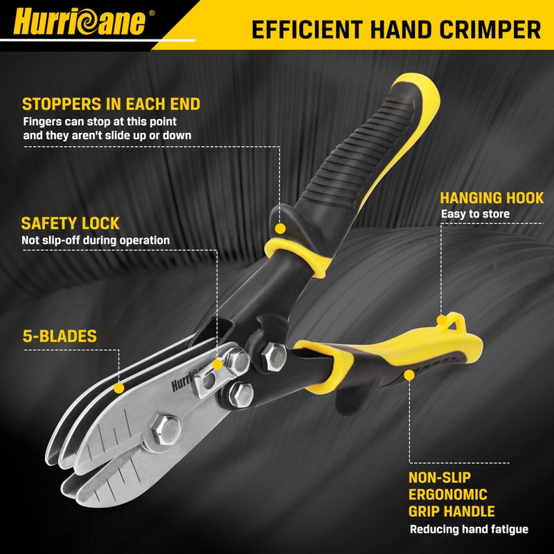 HURRICANE 5 Blade Sheet Metal Crimper. HVAC Crimping Tool for Ductwork, Downspouts & Stove Pipes. 9-1/2 inch Heavy-Duty Hand Crimper with Safety Lock. 5-Blade Sheet Metal Crimpers Tool - Image 3