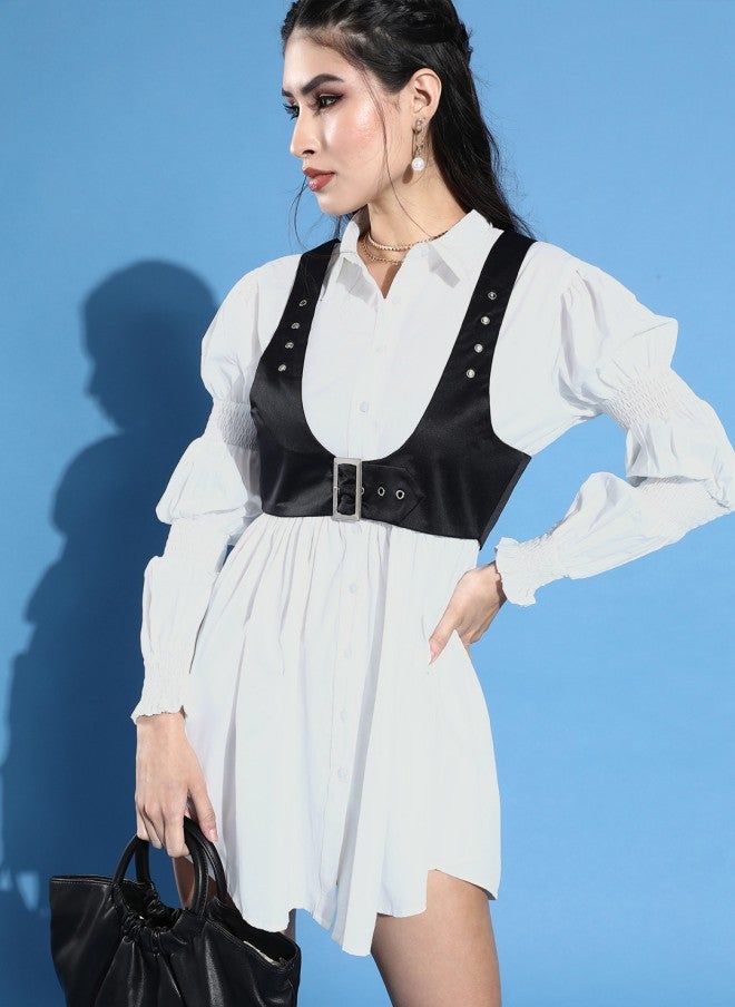 STREET 9 فستان أبيض أنيق سادة بزمزمة للنساء - Image 1