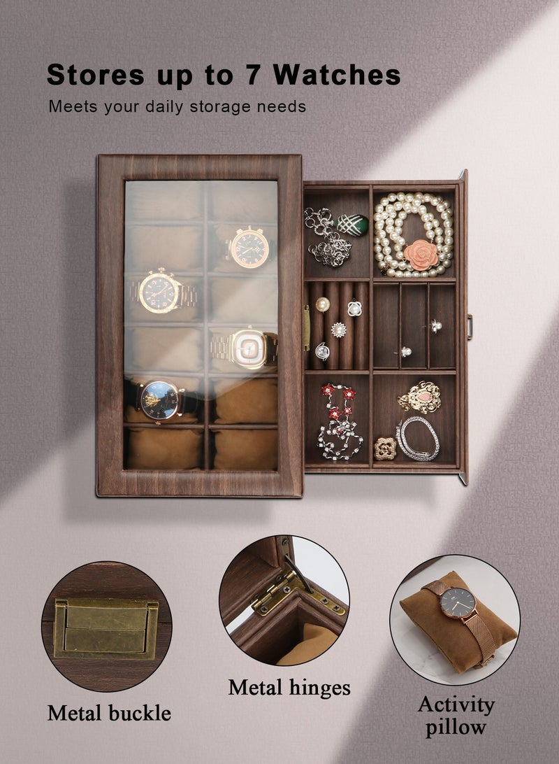 HomarKet Watch Box Organizer for Men, 12 Slot Watch Display Case with Drawer, Mens Watch Box Watch Case Holder, 12 Watch Box Double-layer Jewelry and Watch Storage Case with Glass Lid -Brown - Image 3