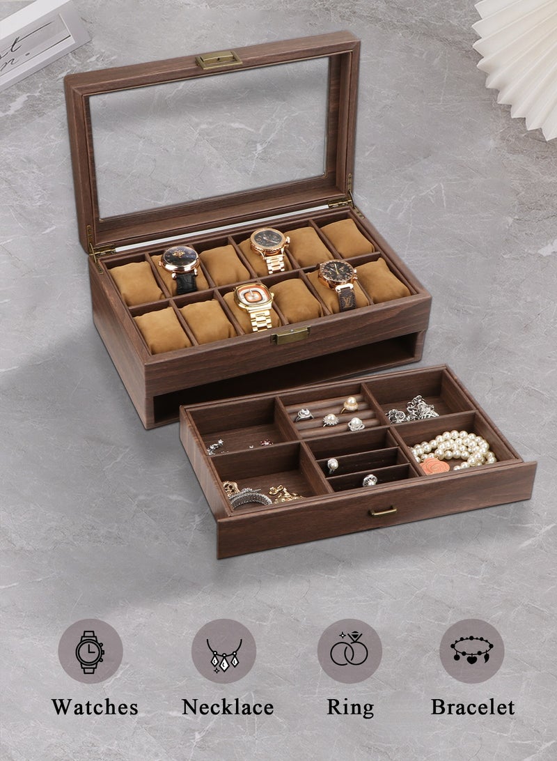 HomarKet Watch Box Organizer for Men, 12 Slot Watch Display Case with Drawer, Mens Watch Box Watch Case Holder, 12 Watch Box Double-layer Jewelry and Watch Storage Case with Glass Lid -Brown - Image 4