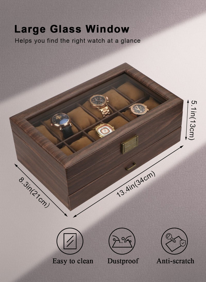 HomarKet Watch Box Organizer for Men, 12 Slot Watch Display Case with Drawer, Mens Watch Box Watch Case Holder, 12 Watch Box Double-layer Jewelry and Watch Storage Case with Glass Lid -Brown - Image 2