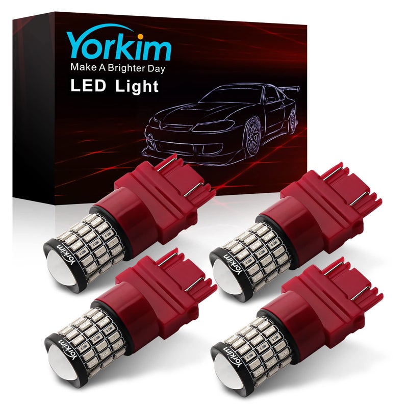 Yorkim لمبة يوركيم 3157 LED حمراء ساطعة 3156 LED حمراء لمصابيح الفرامل/المؤخرة للسيارات مع بروجيكتور - 3056 3156 3057K 4157K 3047K 3457 3057 4057 4157 لمبات LED، عبوة من 4 - Image 1