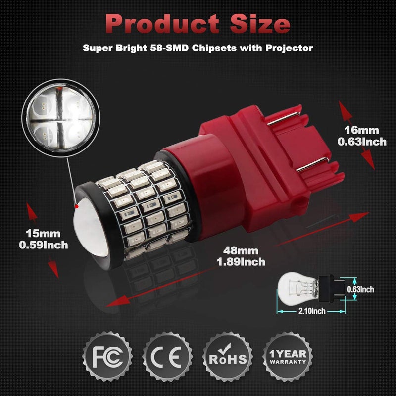 Yorkim لمبة يوركيم 3157 LED حمراء ساطعة 3156 LED حمراء لمصابيح الفرامل/المؤخرة للسيارات مع بروجيكتور - 3056 3156 3057K 4157K 3047K 3457 3057 4057 4157 لمبات LED، عبوة من 4 - Image 2