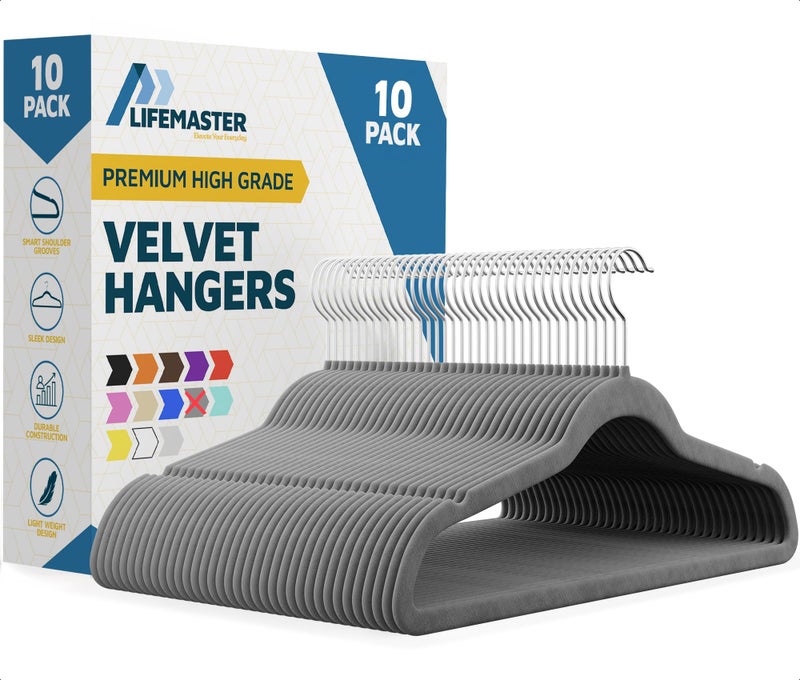 Lifemaster Velvet Clothes Hangers â€“ with 360 Degree Swivel Hook and Non-Slip Shoulder Notch, Holds Up to 10 lbs, Heavy Duty Hanger Set, for Organizing Suit, Dress, Coat, and Clothes, Pack of 10, Gray - Image 1