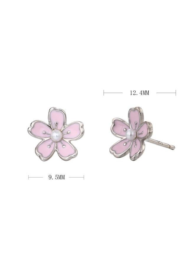 NIBEMINENT S925 Sterling Silver Jewelry Creative Personality Cherry Blossom Earrings Fresh Cute Pink Flower 