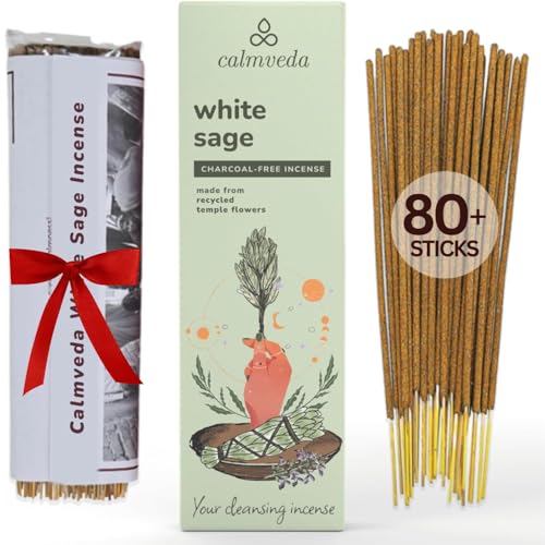 Calmveda White Sage Incense Sticks for Cleansing - (80 Scent Sticks) Charcoal Free, Made from Upcycled Flowers | Protection Incense to Cleanse Negative Energy - Image 1