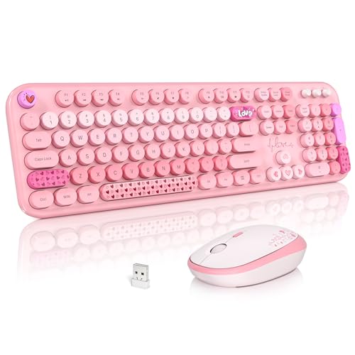 MOFII Wireless Keyboard and Mouse Combo Cute Keyboard Full Size and Wireless Mouse 24GHz Retro Typewriter Keyboard Wireless Mouse Set for PCDesktopLaptopWindows Pink Colorful - Image 1