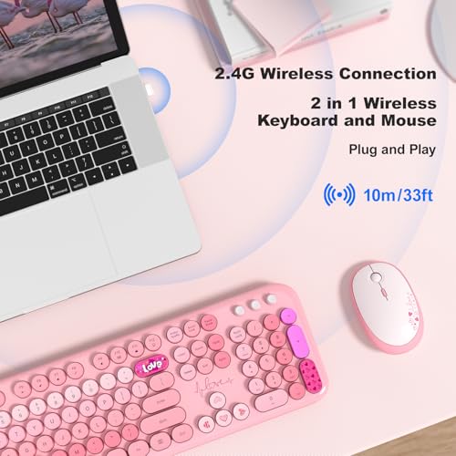 MOFII Wireless Keyboard and Mouse Combo Cute Keyboard Full Size and Wireless Mouse 24GHz Retro Typewriter Keyboard Wireless Mouse Set for PCDesktopLaptopWindows Pink Colorful - Image 3