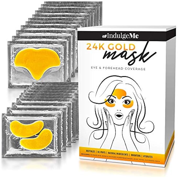 IndulgeMe Gold Eye Masks, Plus Forehead Pads, Collagen Eye Patches for Puffy Eyes, Dark Circles, Bags, Most Eye Coverage of Any Treatment, Under Eye Mask, Natural Collagen, Nano Gold, Hyaluronic Acid. - Image 1
