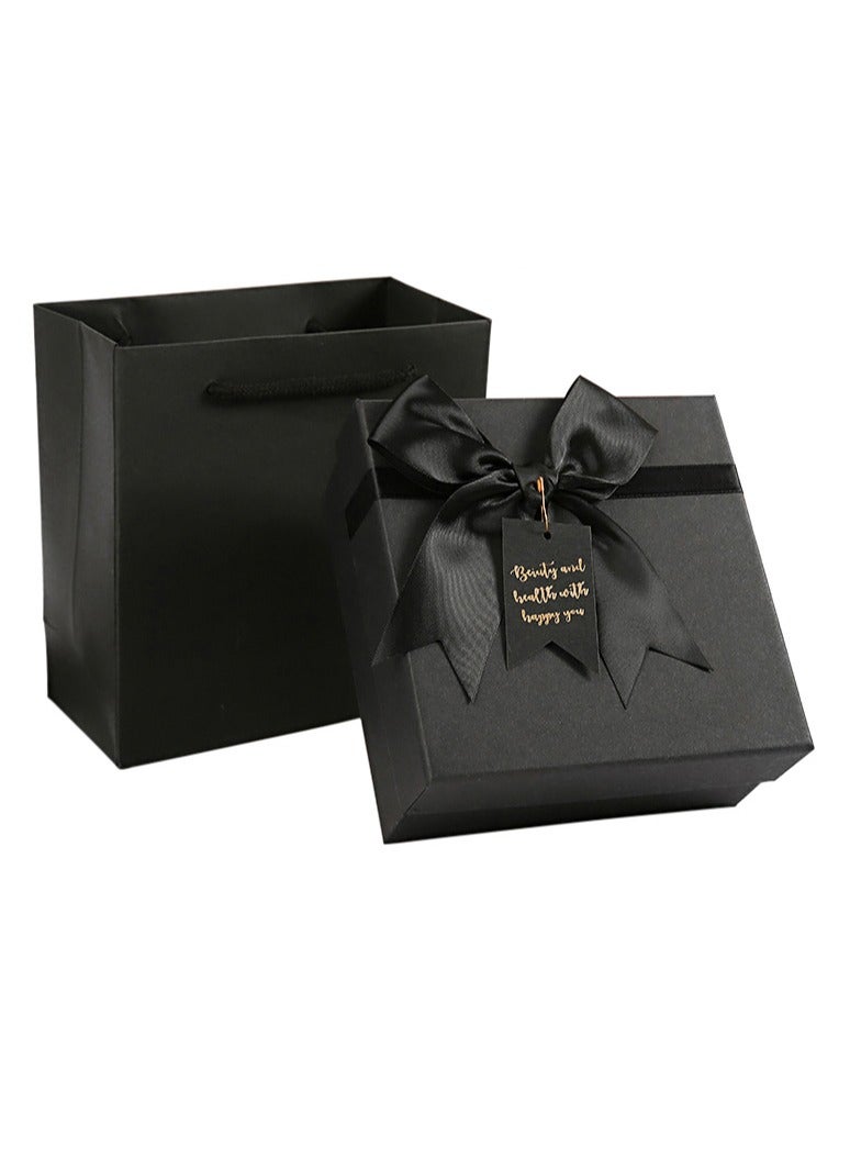 1 Sets of Gift Boxes with Hand Straps and Raffia,Black 15X15X7cm Gift Boxes,Bridesmaid Proposal Box with Ribbon,Kraft Paper Boxes for Wedding, Packaging,Present,Birthday,Party - Image 1
