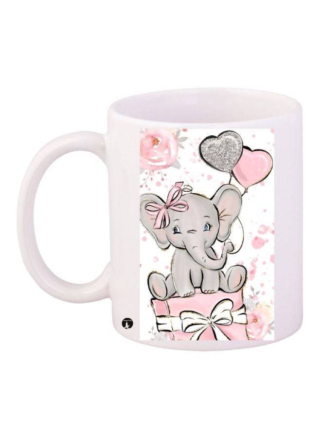RYN Elephant Printed Coffee Mug White/Grey/Pink 11ounce