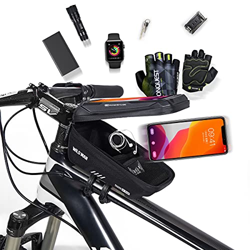 WILD MAN 1L Quick Release Waterproof Bike Front Frame Bag Phone Holder with Touch Screen Top for Mountain Road Bike MTB Cycling (XS2, Black) - Image 4