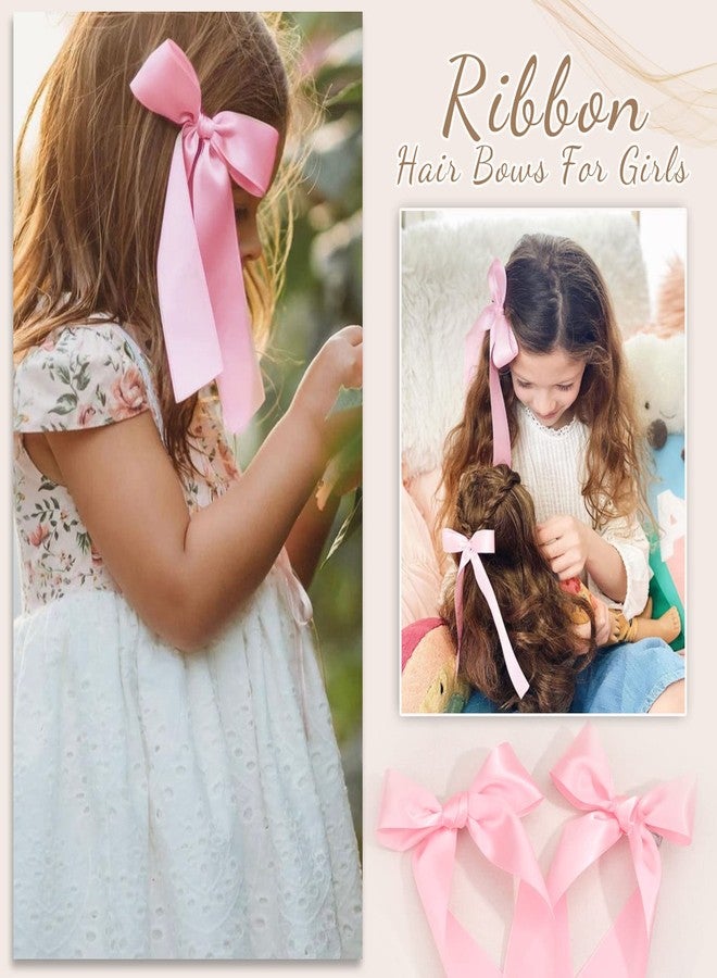 NCMAMA 2Pcs Long Ribbon Hair Bows for Girls Hair Clip Silk Hair Bow Ribbon Hair Accessories for Baby Toddlers Infant Teens Kids (Pink) - Image 2