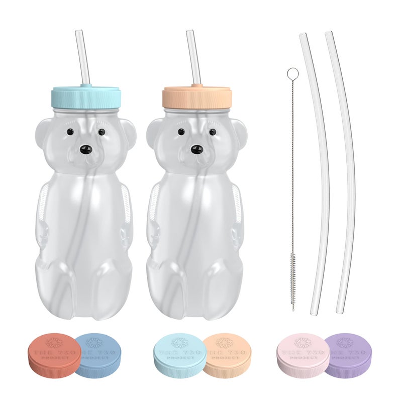 The 730 Project Honey Bear Straw Cup for Babies, 2-Pack Honey Bear Bottle with Travel Lid, Therapy Learning Honeybear Straw Cup, Baby Bottle Set, 8 oz, Creamsicle & Blizzard - Image 1