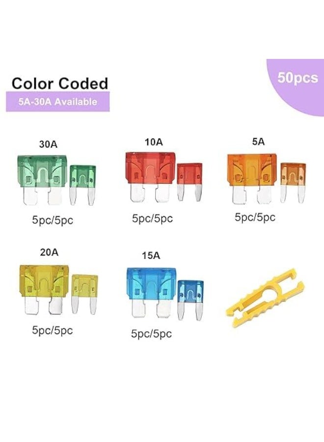 Lynacz Original 50PCS Car Blade Fuses Assortment Kit,Professional Upgraded Mixed Blade-Type Automotive Replacement Fuses, for Car, RV, Boat, Auto,Truck,Motorcycle,Standard & Mini Size (5A/ 10A/ 15A/ 20A/ 30A) - Image 5