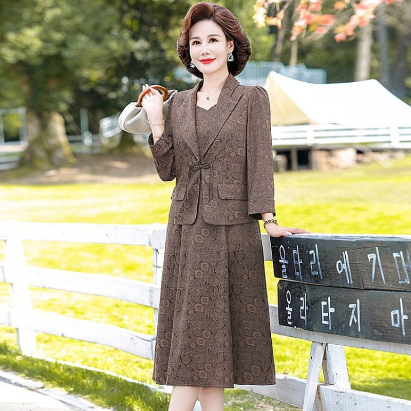 Middle-aged and elderly spring and autumn dress suit 2024 new middle-aged mom Western style two-piece set dress long sleeve coat Gray Brown - Image 1