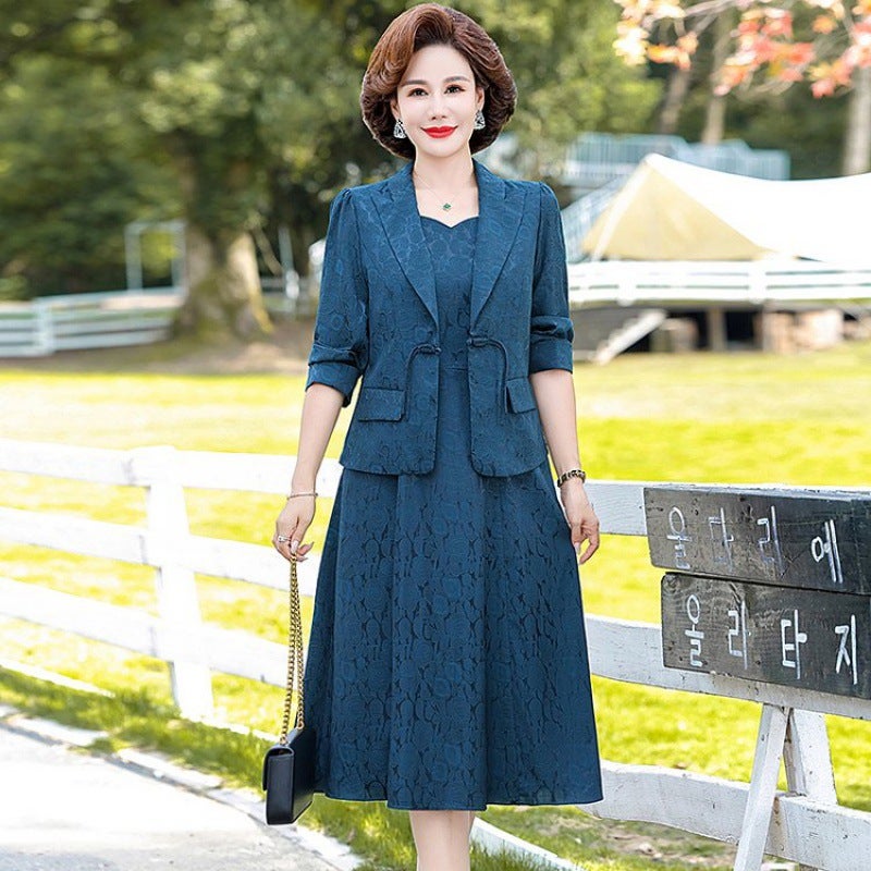 Middle-aged and elderly spring and autumn dress suit 2024 new middle-aged mom Western style two-piece set dress long sleeve coat Gray Brown - Image 2