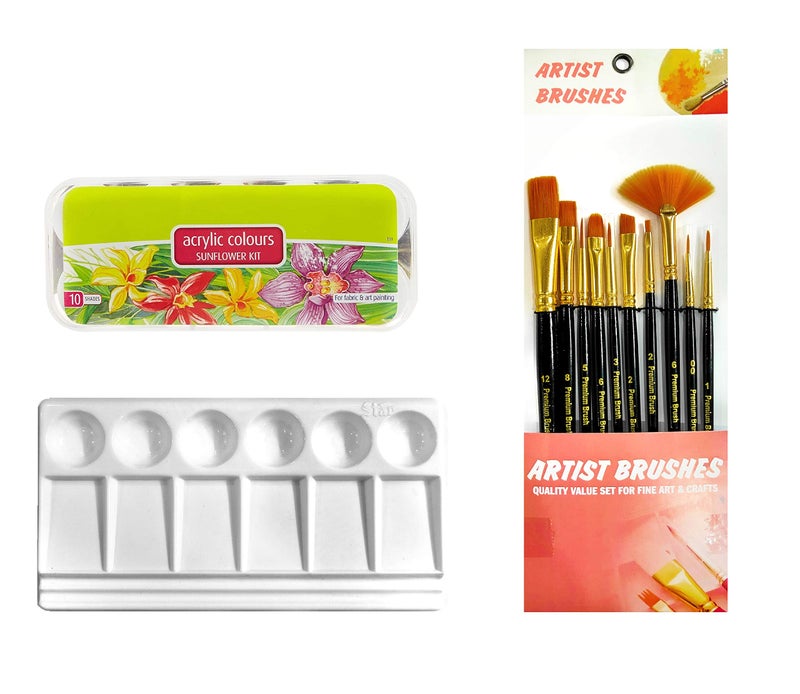 Definite Acrylic Colors, Artist Brushes Mix Set & Color Mixing Palette (Pack of 10 Colors, Pack of 10 Brushes & Mixing Palette) - Image 1