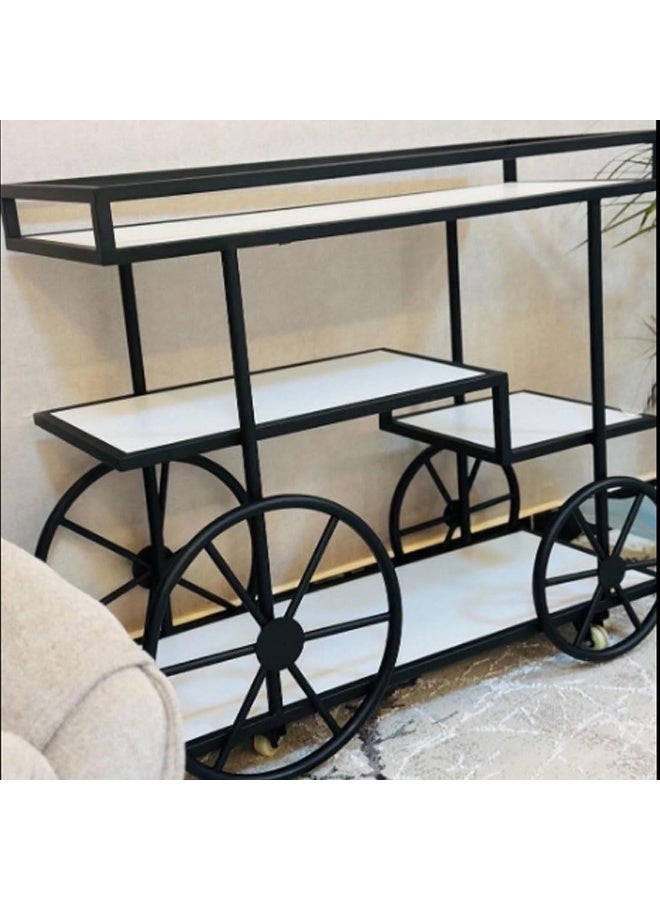 HOME TASTE Hometaste Luxury Metal And White Marble Serving Trolley Elegant Bar Cart For Home And Hospitality Stylish Design, Secure Wheels, Premium 3Tier Storage Up And Down Shlves Trolley, Small 