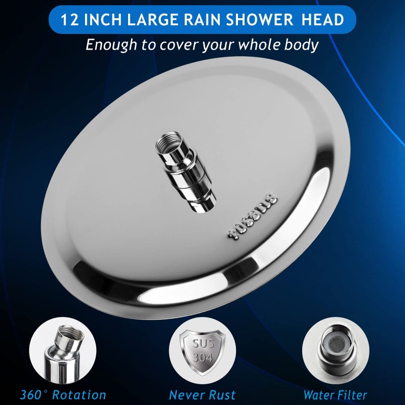 Voolan Large Rain Shower Head - 12" Round High Pressure Shower Heads Made of 304 Stainless Steel - Luxury Modern Look - Universal Wall and Ceiling Mount (Chrome) - Image 2