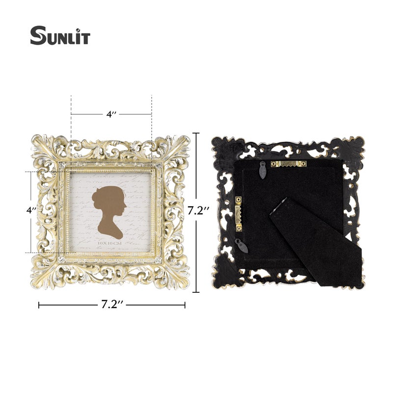 Sunlit Vintage Picture Frame 4x4 Inch  Luxury Antique Square Photo Frames with Glass Front  Photo Display  Tabletop Wall Hanging  Gift Ideas  Antique Gold Silver - Image 2