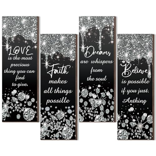 Huwena 4 Pcs Glitter Diamond Modern Bathroom Decorations Wooden Wall Art Black and Silver Bathroom Wall Decoration Love Faith Believe Dream Shiny Drip Hanging Sign for Home Living Room Toilet - Image 1