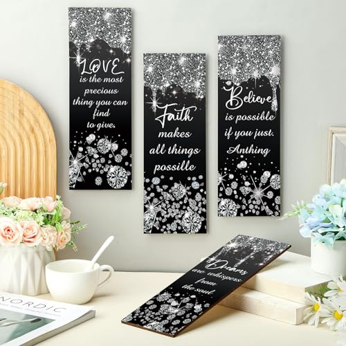 Huwena 4 Pcs Glitter Diamond Modern Bathroom Decorations Wooden Wall Art Black and Silver Bathroom Wall Decoration Love Faith Believe Dream Shiny Drip Hanging Sign for Home Living Room Toilet - Image 3