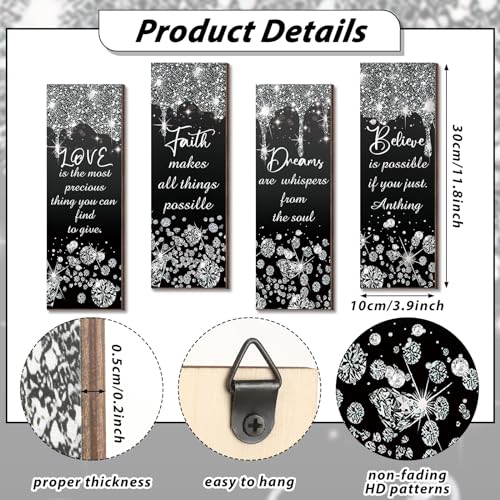 Huwena 4 Pcs Glitter Diamond Modern Bathroom Decorations Wooden Wall Art Black and Silver Bathroom Wall Decoration Love Faith Believe Dream Shiny Drip Hanging Sign for Home Living Room Toilet - Image 2