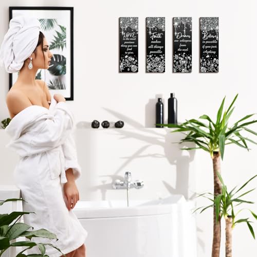 Huwena 4 Pcs Glitter Diamond Modern Bathroom Decorations Wooden Wall Art Black and Silver Bathroom Wall Decoration Love Faith Believe Dream Shiny Drip Hanging Sign for Home Living Room Toilet - Image 4
