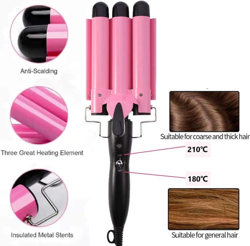 MODVICA 3 Barrel Curling Iron Wand 26mm Hair Waver Temperature Adjustable Ceramic Hair Curling Iron (Pink) - Image 4