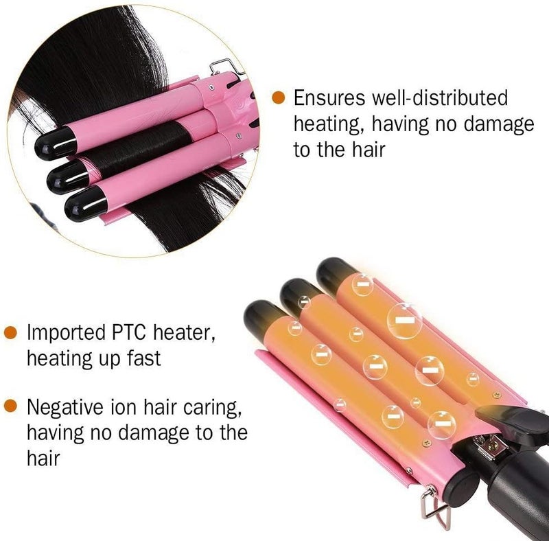MODVICA 3 Barrel Curling Iron Wand 26mm Hair Waver Temperature Adjustable Ceramic Hair Curling Iron (Pink) - Image 3