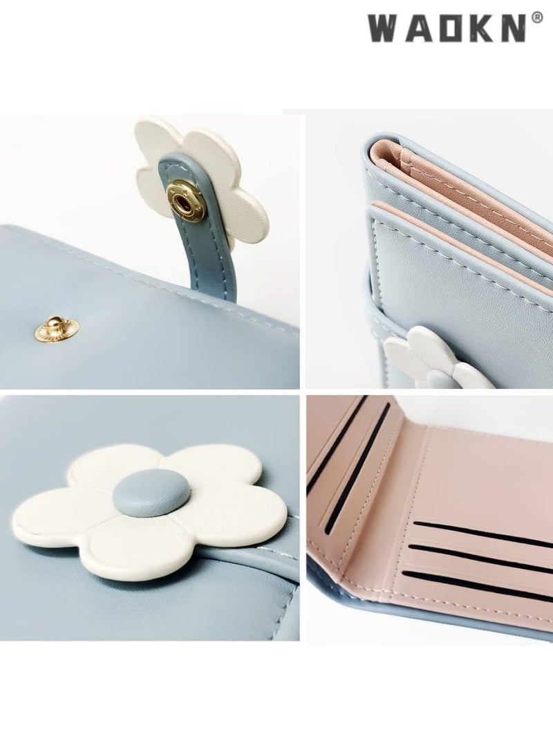 WAOKN Elegant Small Tri-fold Wallet for Women, PU Leather Print with Flower Pattern, Including Cash Pocket, Card Holder, Coin Purse and ID Window(Blue)  - Image 3