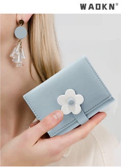 WAOKN Elegant Small Tri-fold Wallet for Women, PU Leather Print with Flower Pattern, Including Cash Pocket, Card Holder, Coin Purse and ID Window(Blue)  - Image 4